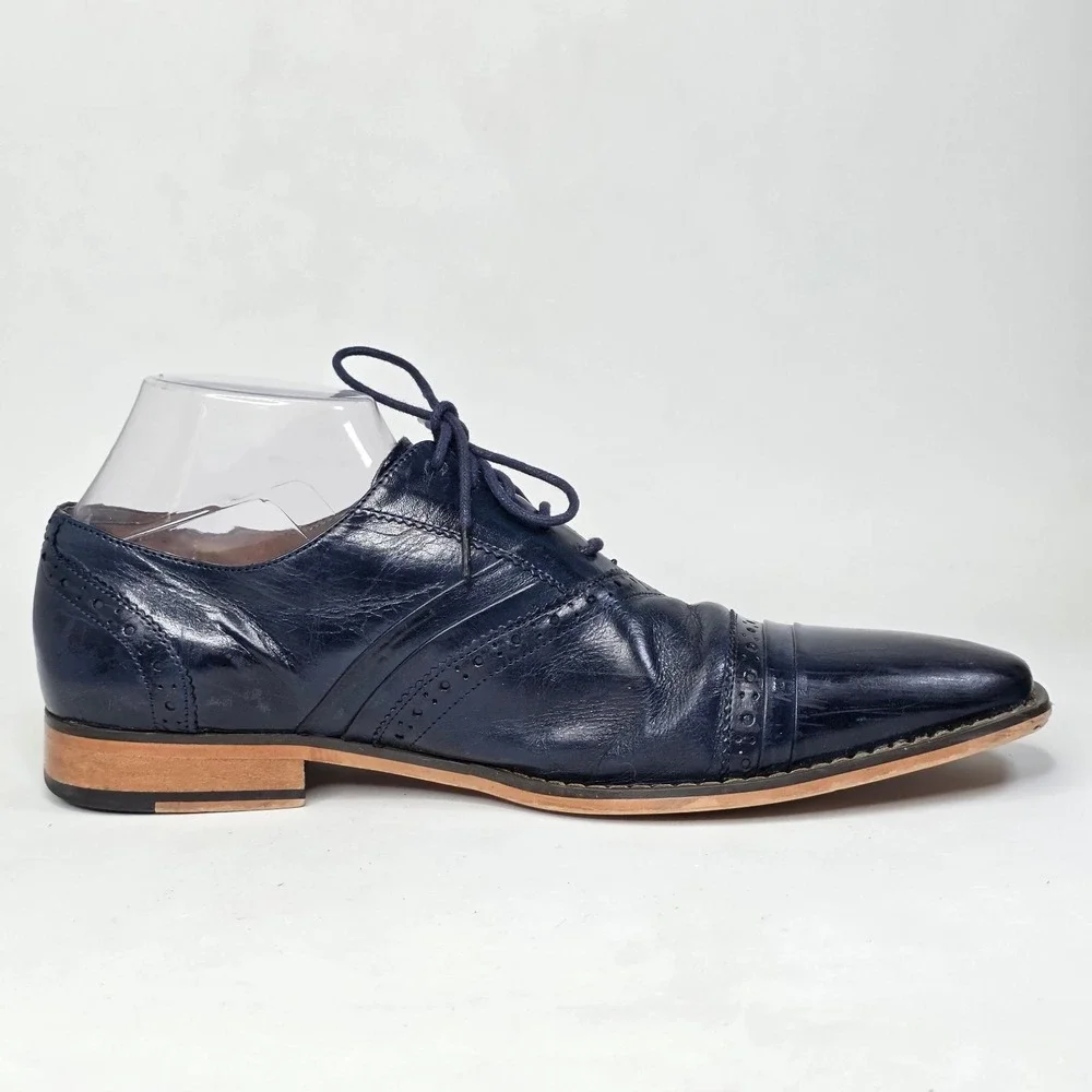 Stacy Adams Shoes Men's Size 10.5 Navy Blue Leather Cap Toe Brogue Oxford Casual